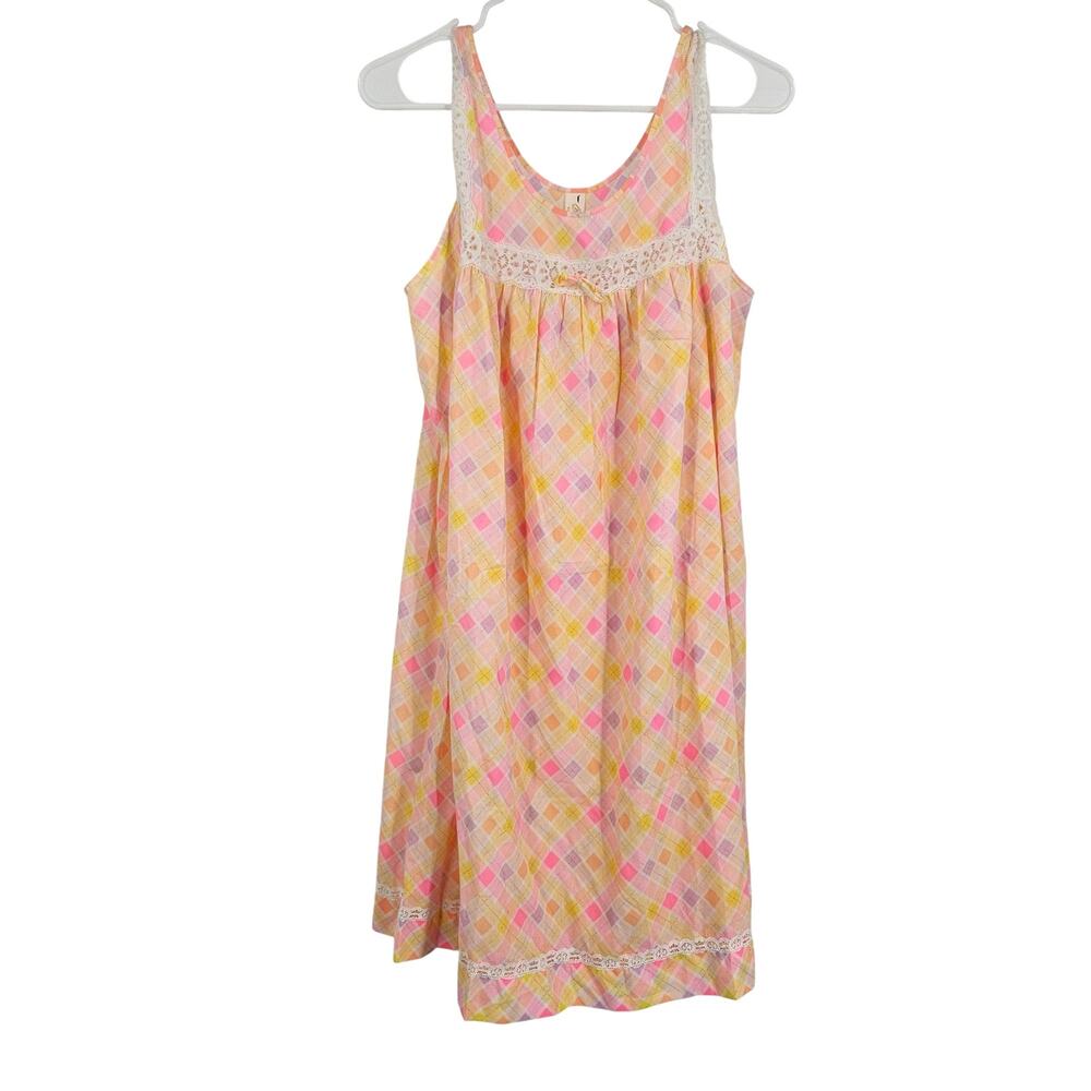 Vintage 70s Brighton Nightgown Dress Pink Orange Lace Trim Checkered Maxi Sz M